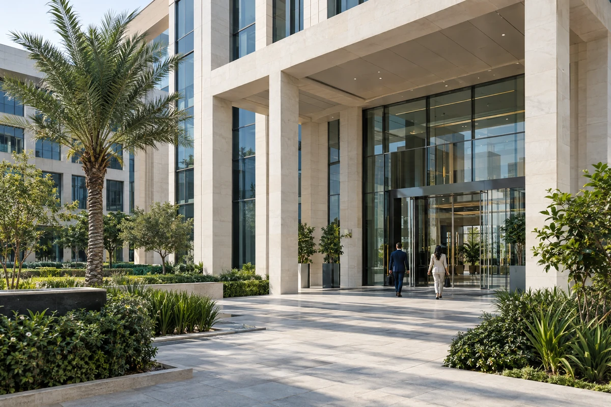Illustrative office entrance with palm trees and two people approaching the doors