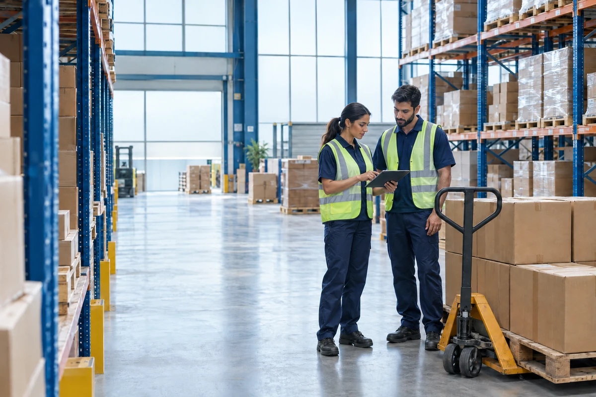 Illustrative warehouse scene of two workers reviewing a tablet beside stacked goods