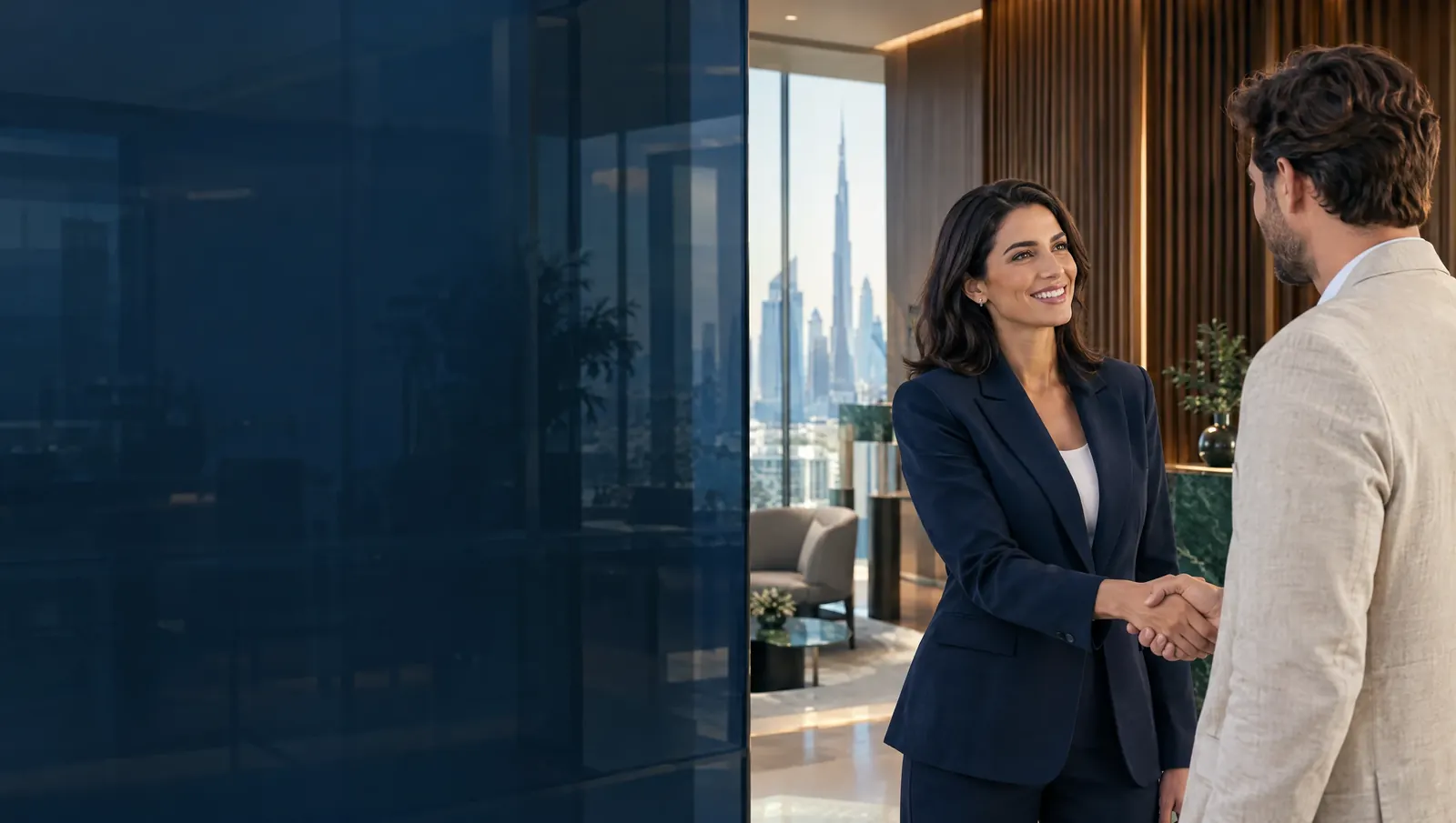 Illustrative scene of two people shaking hands in a modern office